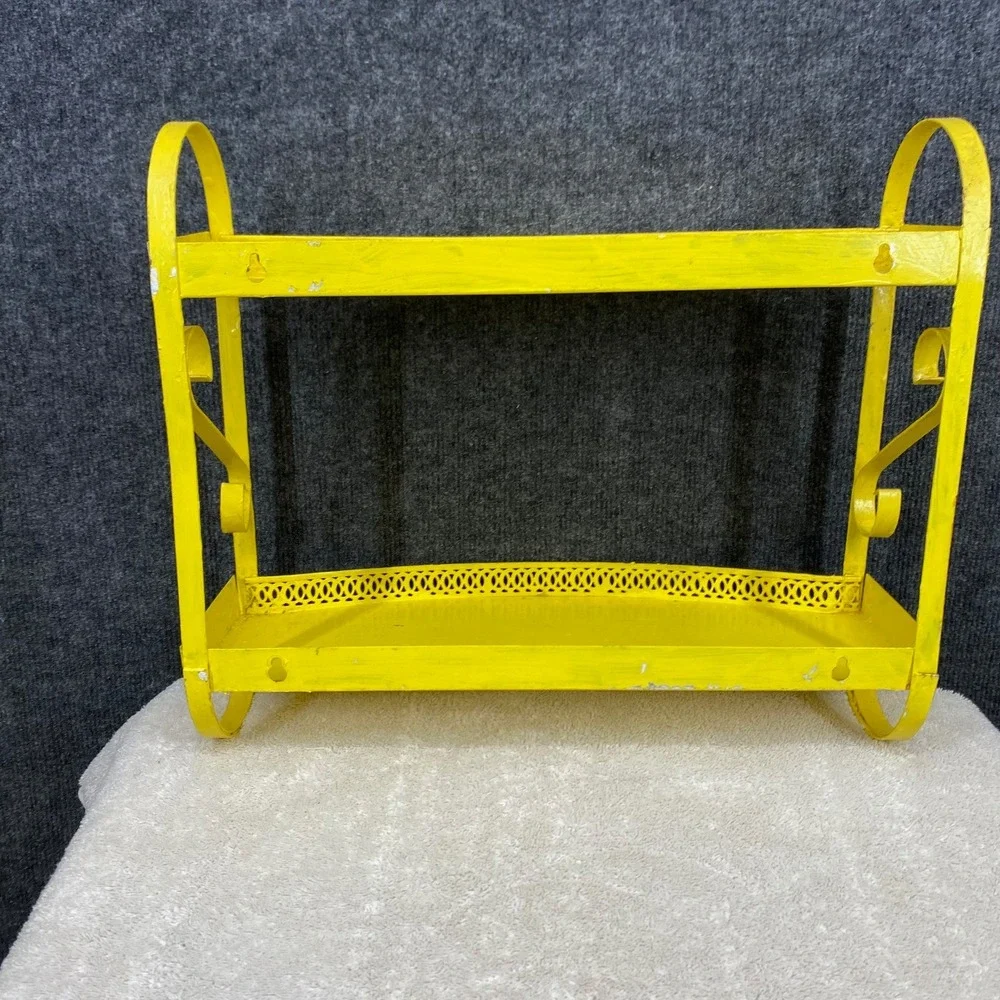 Vintage Yellow Metal 2 Tier Wall Shelf Scrollwork Gallery Rail 14x12x4